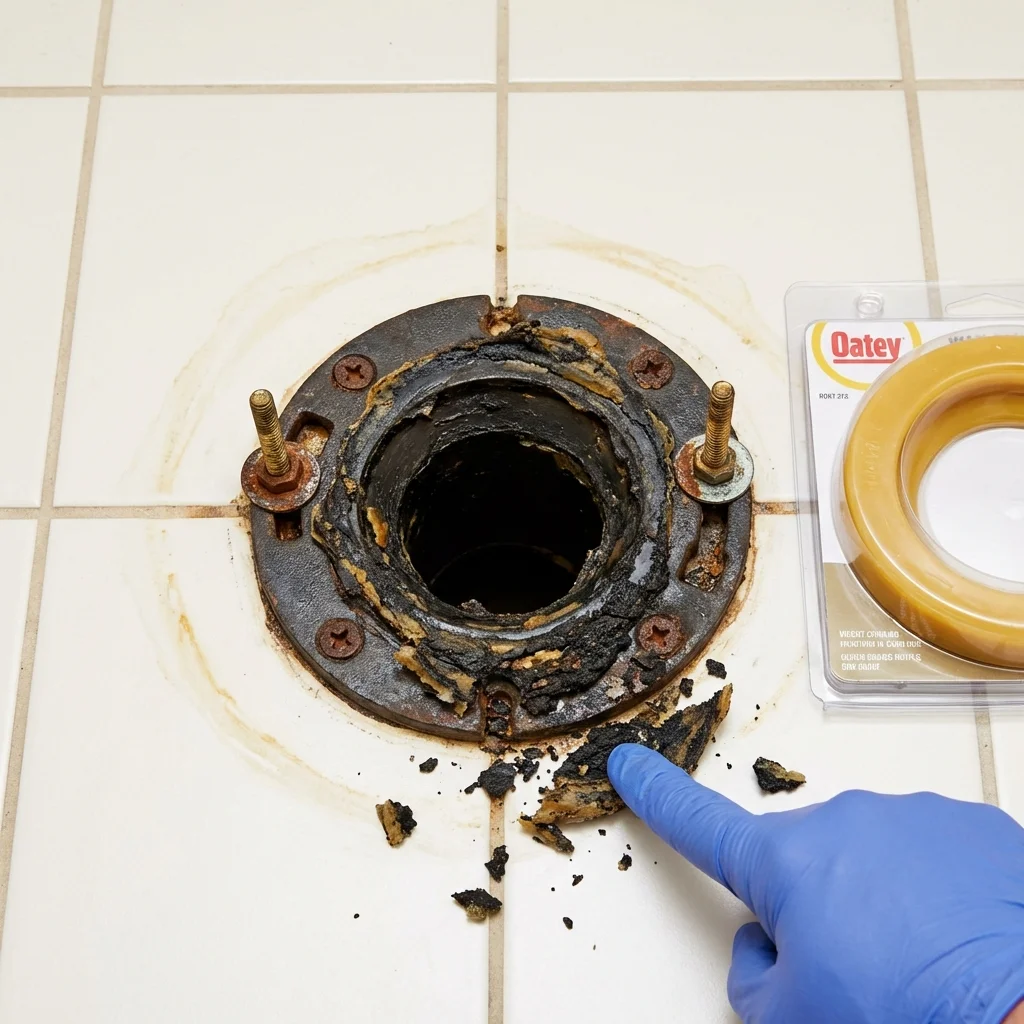 Failed wax ring showing water seepage at the base of a toilet in a Clarendon, TX home
